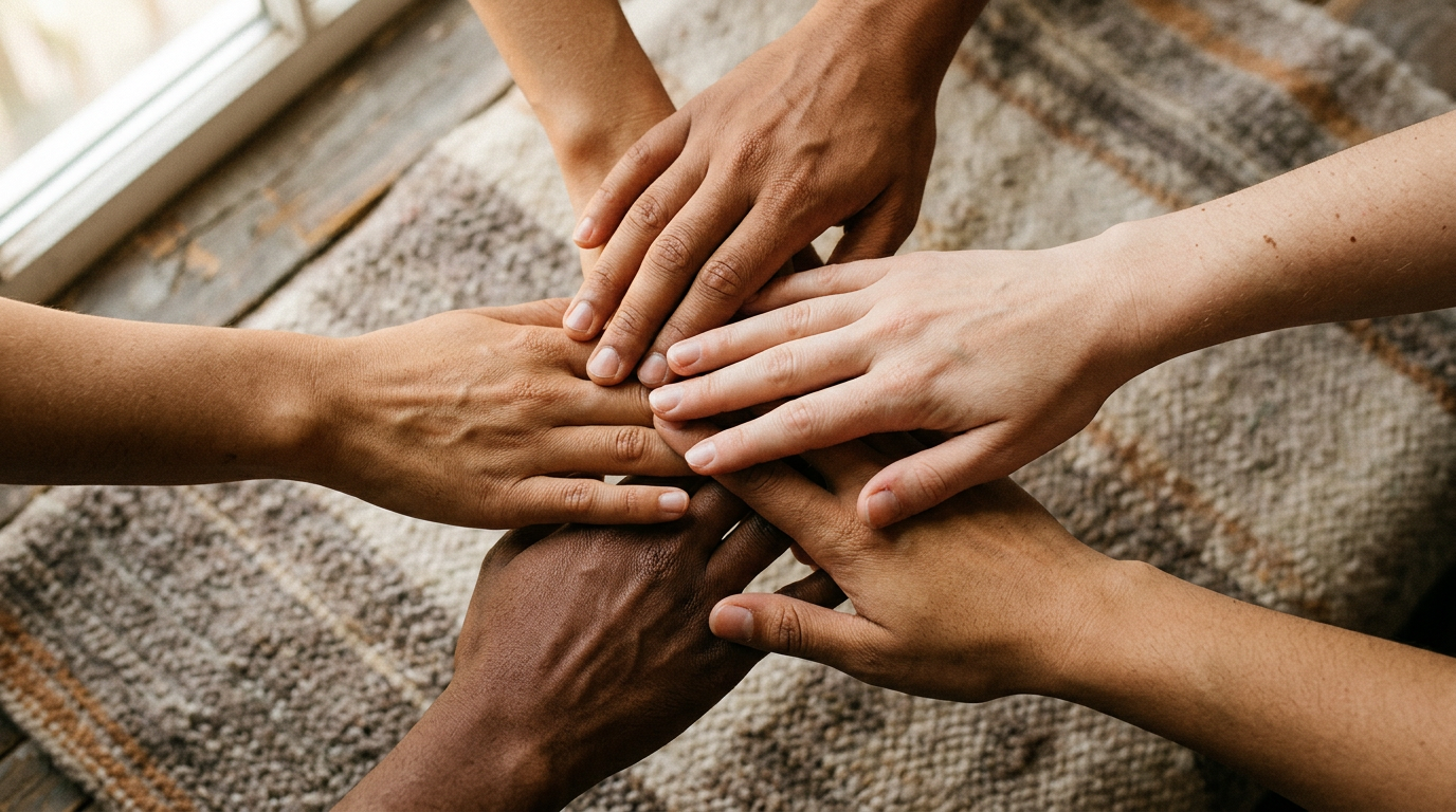 Hands reaching together in mutual support